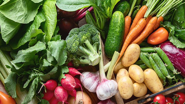 Assorted vegetables including broccoli, leafy greens, radishes, garlic, cucumbers, potatoes, and carrots