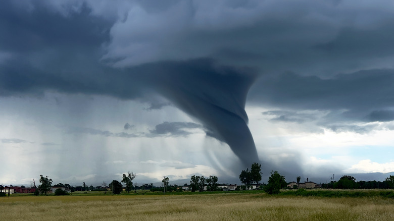 Tornado tearing across flat land with homes in its path