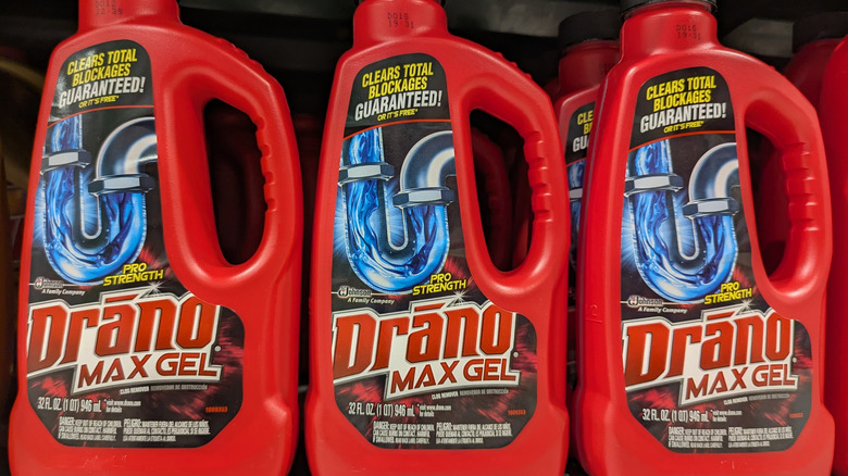 Bottles of Drano Max Gel on a store shelf