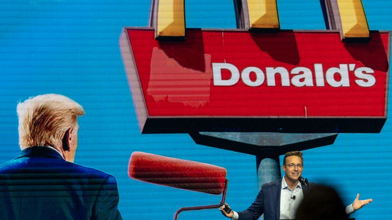 Donald Trump looking at outdoor McDonald's sign with the "Mc" painted over, McDonalds CEO below sign with open expression