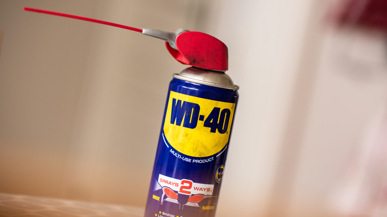 A can of WD-40 is seen against a blurry plain background