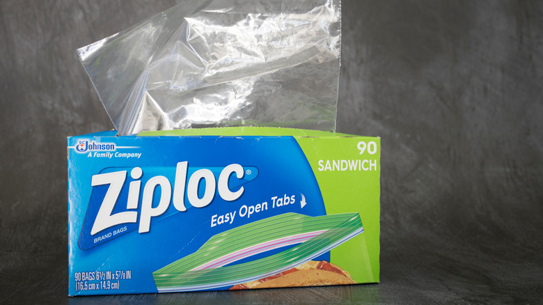 A bag protrudes from a box of Ziploc bags against a grey background