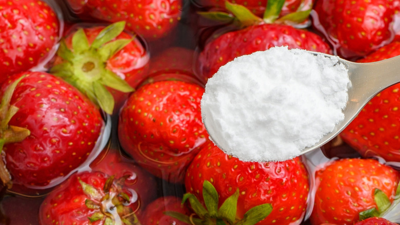 Spoonful of baking soda held over a bowl of strawberries and water
