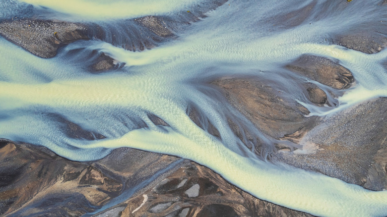 Iceland river delta, blue-grey water splitting in multiple channels over sand
