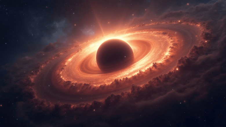 A black hole is seen surrounded by cosmic dust and orange light