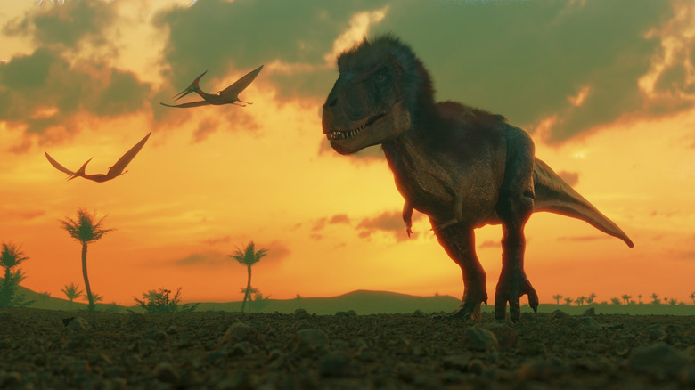 A T. Rex walks across a landscape at sunset
