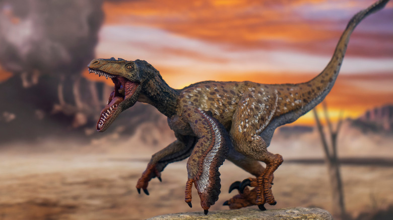 A feathered velociraptor stands with its mouth open with a volcano in the background