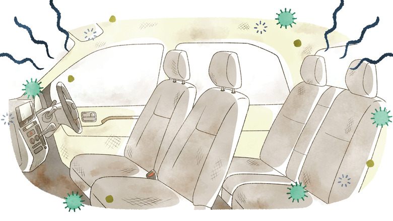 Illustration of the inside of a car with spores and other markings indicating that it smells dirty