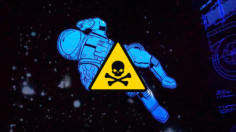 A cartoon astronaut in space with a skull and crossbones sign