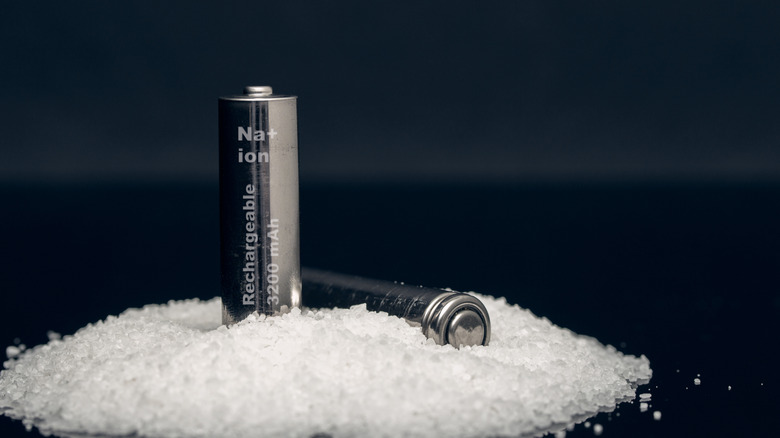 Two rechargeable sodium-ion batteries in a pile of salt