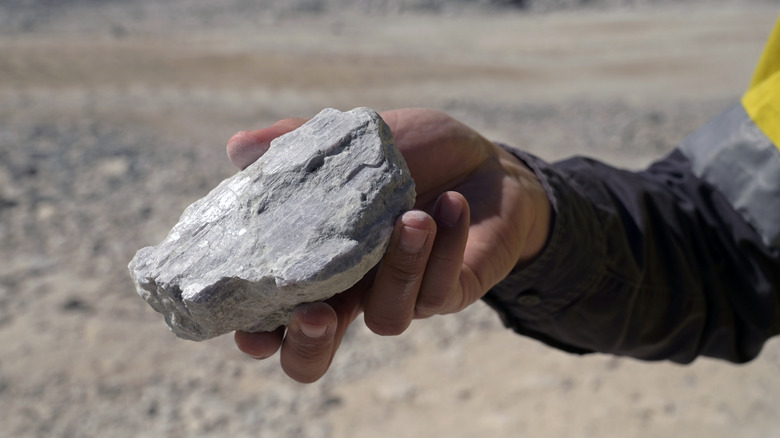 A lithium-rich rock is held by a miner