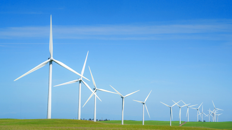 row of wind turbines on a sunny day