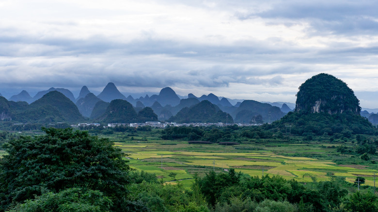A landscape shot of a mountainous region in Guangxi, China