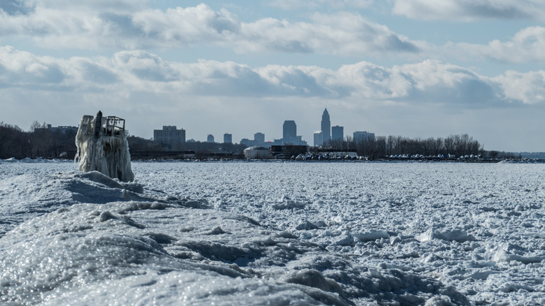 Lake Erie frozen by polar vortex with Cleveland skyline