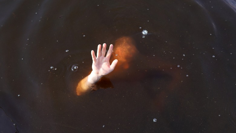 A drowning person is raising his hand out of water