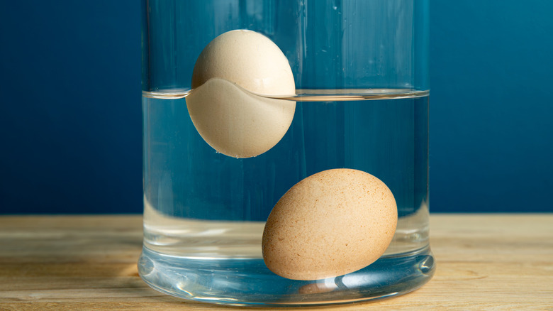 Glass of water with two eggs: one floating and one sunken