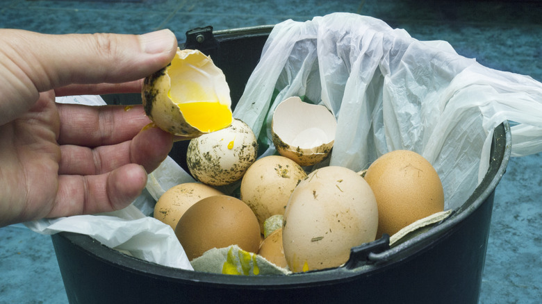 Hand holding a broken egg over a trash can full of eggs