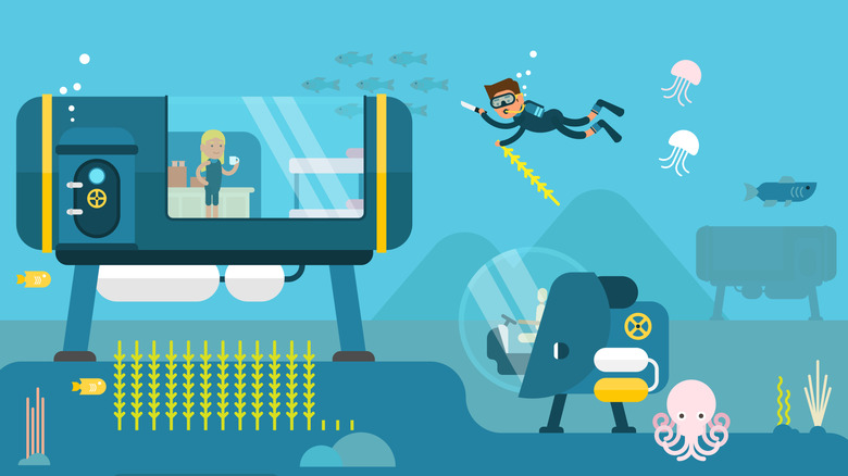 Concept art of woman having coffee in an underwater station and man scuba diving while sea creatures swim around