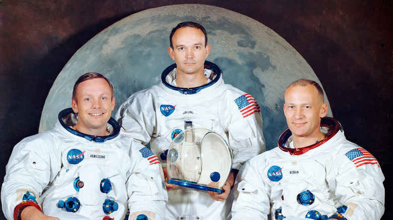 The official crew portrait of the Apollo 11 astronauts shows Neil A. Armstrong, Michael Collins, and Edwin E. "Buzz" Aldrin
