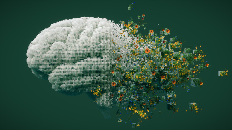 illustration of a brain breaking apart into flowers