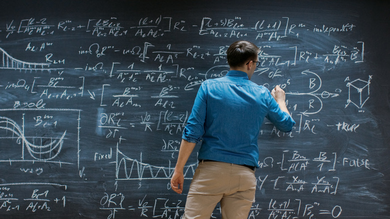 Mathematician standing in front of blackboard full of physics equations