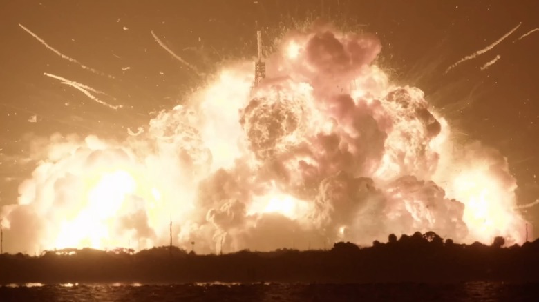 Blue Origin New Glenn rocket exploding during launch pad test at Cape Canaveral, Florida, space port