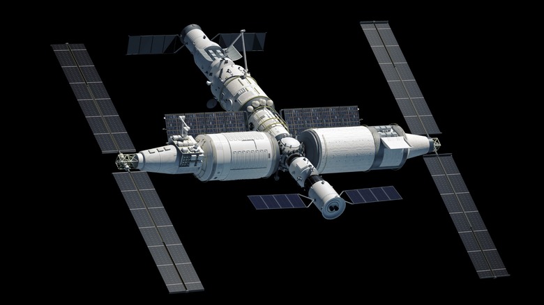 3D illustration of Tiangong space station modules and solar arrays