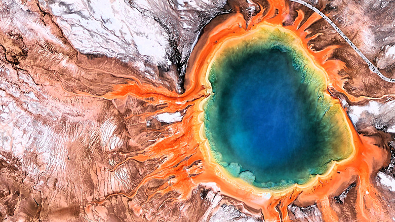 An overhead aerial view of the Grand Prismatic Spring in Yellowstone National Park