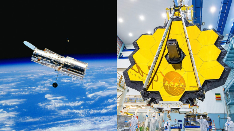 The Hubble Telescope (left) and the James Webb Space Telescope (right)