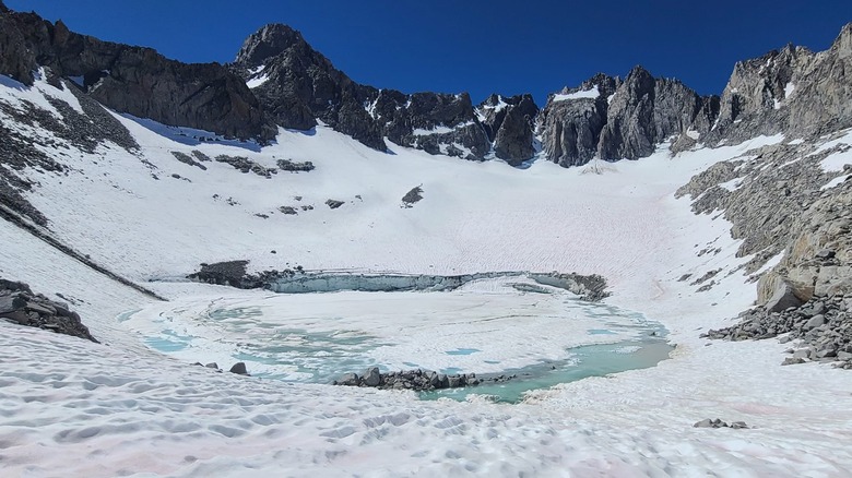 Snow and ice-covered Palisade Glacier in the Big Pine "Little Patagonia" area of Sierra Nevada, California, in 2023