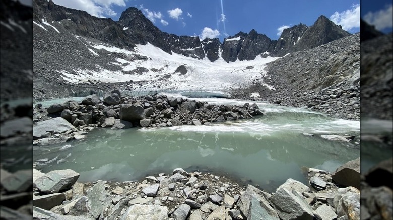 Partially melted Palisade Glacier in the Big Pine "Little Patagonia" area of Sierra Nevada, California, in 2022