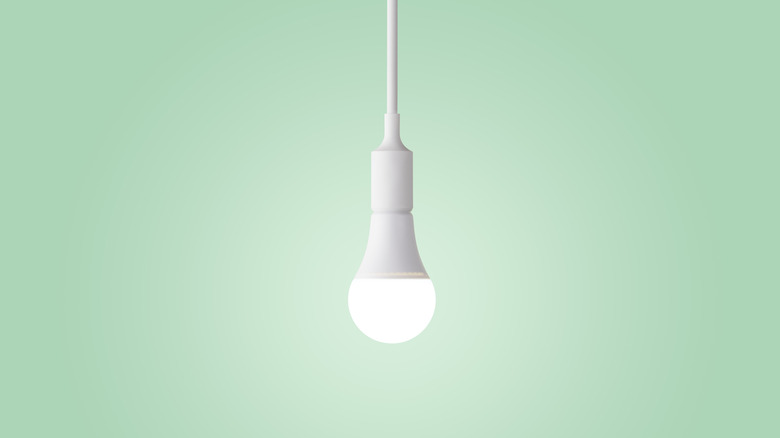 LED light bulb on green background