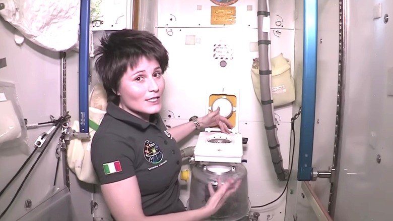 Astronaut Samantha Cristoforetti pointing to ISS toilet, a tank with a small hole on top