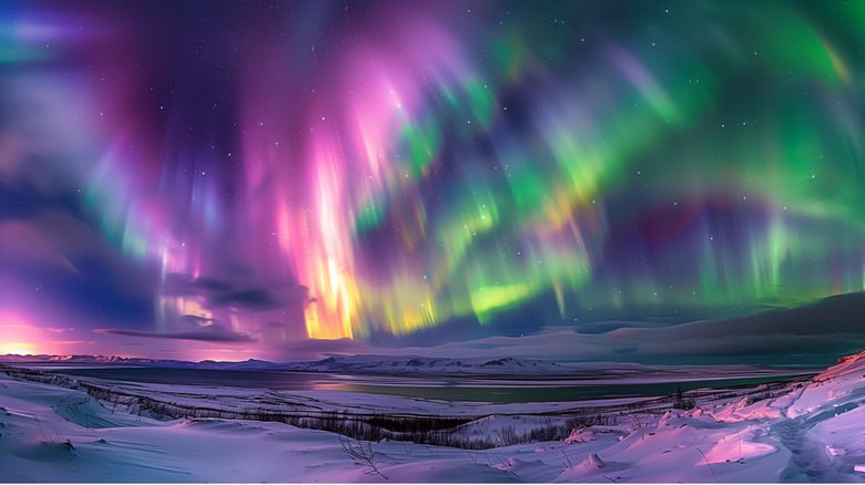Every color displayed in the northern lights over a snowy landscape