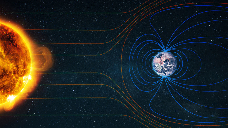 Illustration of the flow of solar wind around Earth's magnetic field