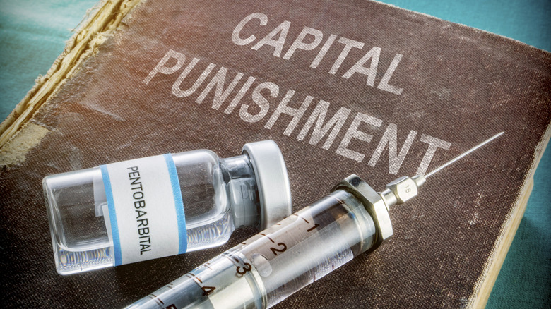 Vial of pentobarbital and syringe needle on top of 