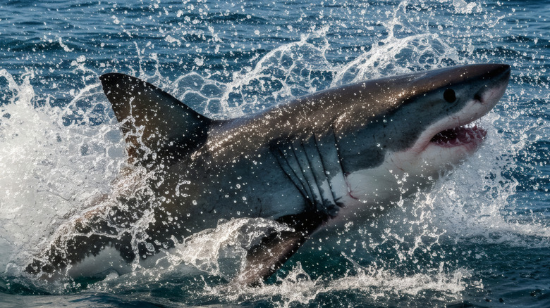 Great white shark jumping out of the water