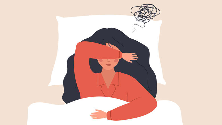 A vector illustration of a woman lying down in bed with her arm covering her eyes and a tangled thought bubble above her head.