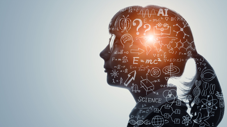 silhouette of young woman with superimposed educational icons