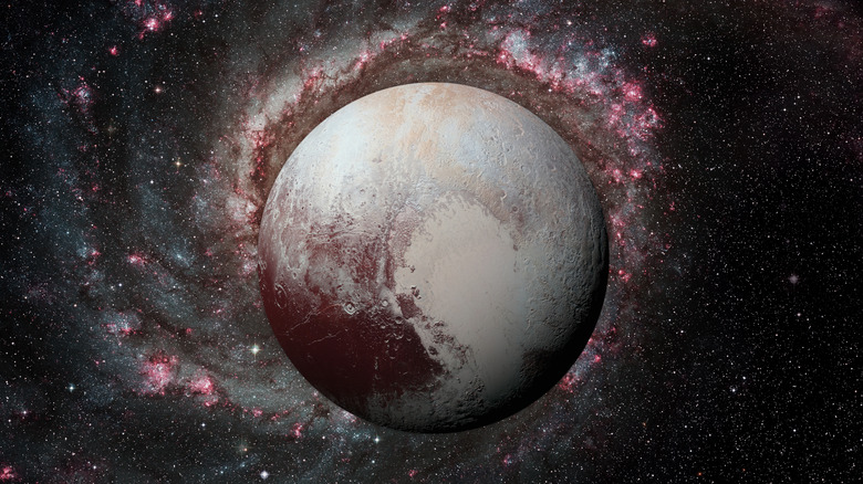 Depiction of Pluto with a spiral galaxy behind it