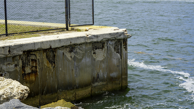 Concrete seawall showing deterioration and in need of repair