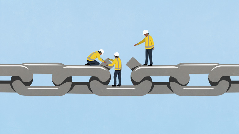 A graphic of three construction workers fixing a broken link in a chain