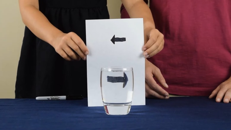 Arrow dro-awn on a piece of paper gets bigger and reverses behind a glass of water