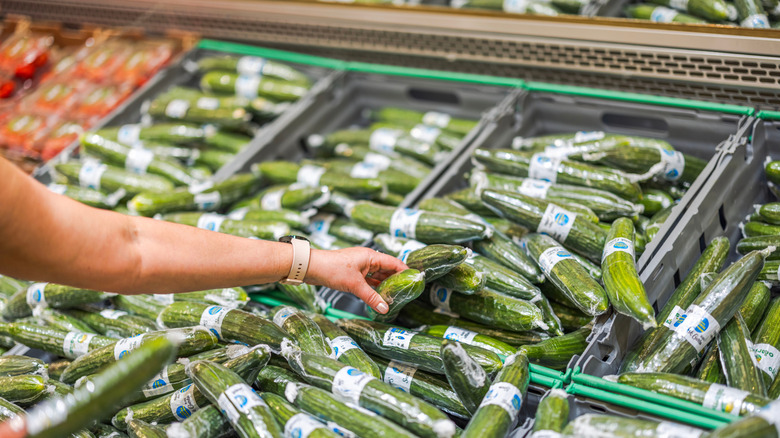 Female arm reaches into bins of individually plastic-wrapped cucumbers in supermarket