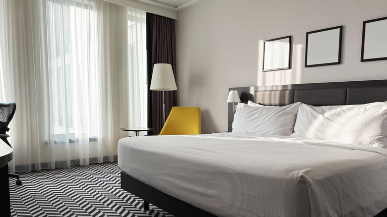 A picture looking at the floor of a hotel room