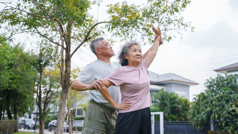 Grey-haired Asian man and woman forming Tai Chi poses in park