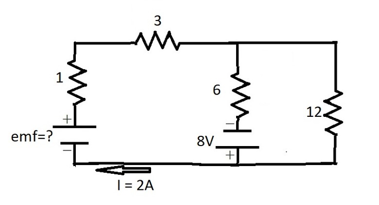 A circuit containing two loops with various batteries and resistors. One current is given.