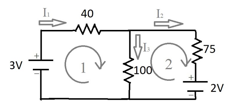 A circuit containing two loops with various batteries and resistors. Loops are indicated.