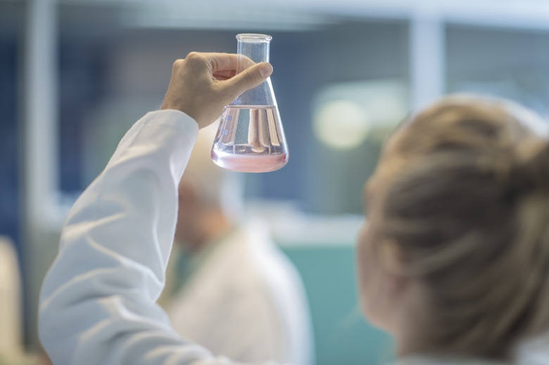 Woman in lab examining liquid in Erlenmeyer flask